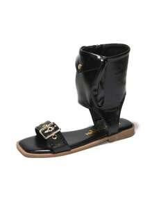 Women's Metallic Pouch Buckle Ankle Strap Square Toe Sandals - Single Square Toe Patent Flat For Casual - màu đen - Xem 6
