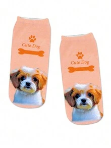1pair Women's Novelty Animal Print Socks With Cute Dog Design, Perfect For Party Outfits - Pink - View 3