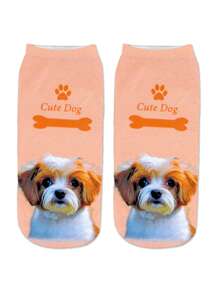 1pair Women's Novelty Animal Print Socks With Cute Dog Design, Perfect For Party Outfits - Pink - View 2