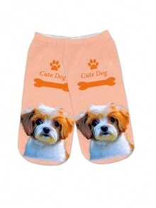 1pair Women's Novelty Animal Print Socks With Cute Dog Design, Perfect For Party Outfits - Pink - View 4
