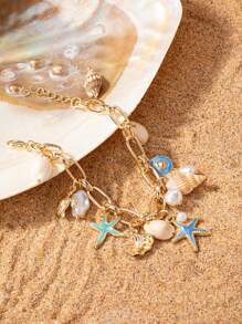 1pc BOHO Bohemia Style Shell, Turquoise Stone, Turtle, Starfish, Natural Stone Tassel Charm Bracelet, Summer Vacation Beach Style (Handmade, Shape And Color Are Random) - Multicolor - View 10