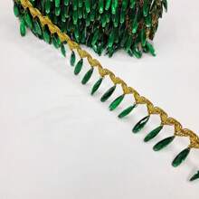 FINGERINSPIRE 1 Yard Gold Metallic Scroll Braid Trim With Sequins & Long Water Droplets Colorful Rhinestone Polyester Hanging Beads Fringe Trim Gimp Braid Trim Sewing Tassel Trim By The Yard For DIY Crafts - Green - View 1