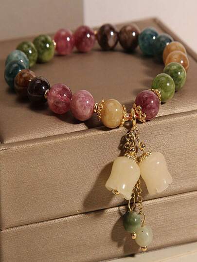 1pc Natural Stone Colorful Beryl Beaded Bracelet For Women, Delicate Lily Of The Valley Pendant Charm Handmade, Gift For Girlfriend Best Friend (Beads Color Random)