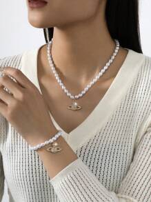 1 Set Damen Armband mit Planeten-Strass-Einlagen und Halskette mit Strass-Perlen