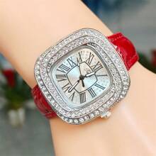 Đồng hồ đeo tay thời trang cao cấp hình vuông đính đá Rhinestone hoàn toàn, mặt số La Mã cổ điển, sang trọng, giá trị hấp dẫn, món quà lý tưởng cho phụ nữ vào các ngày lễ - Đỏ - Xem 3