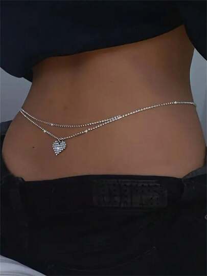 Sexy Fashion Heart Shaped Rhinestone Decor Double Layer Waist Chain, Women Shiny Beach Bikini Accessories, For Rave