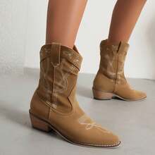 Women's Riley Western Booties, Classic Suede Slip On Riley Scroll Western Boot Stitching Ankle Boots Cowboy CowGirl Boots Low Heel Sheriff Boot For Women - 棕色 - 查看 2
