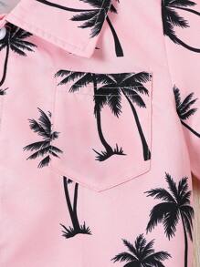 Boys Casual Botanical Print Polo Collar Short Sleeve Top & Solid Color Shorts Set, Summer