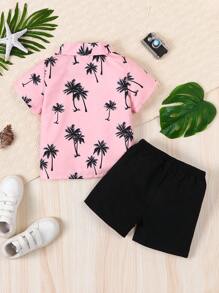 Boys Casual Botanical Print Polo Collar Short Sleeve Top & Solid Color Shorts Set, Summer