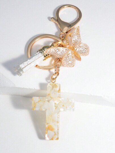 1pc Cross Pendant Keychain With Epoxy Resin, Seashell & Stone, Best Decoration For Car, Bag, And Gift Elegant Car Accessories Bag Charm School