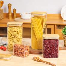 Rectangle Clear Storage Containers With Lids, Clear PET Jars With Bamboo Lids, Clear Food Storage Jar, Sugar Coffee Containers, Pantry Storage Container For Pasta Tea Candy Nuts - Multicolor - View 7