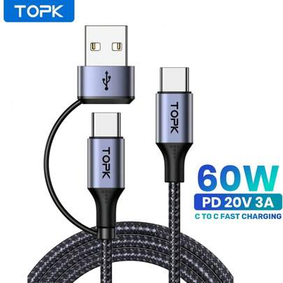 TOPK كابل نقل البيانات وشحن سريع PD 60 واط من النوع C إلى النوع C ، محول متعدد الوظائف من USB إلى النوع C لشحن الهواتف الذكية مثل آيفون 16، 16 برو ماكس، 15، 15 بلس، 15 برو، 15 برو ماكس، كما يتوافق مع و OnePlus من النوع C البولي أميد