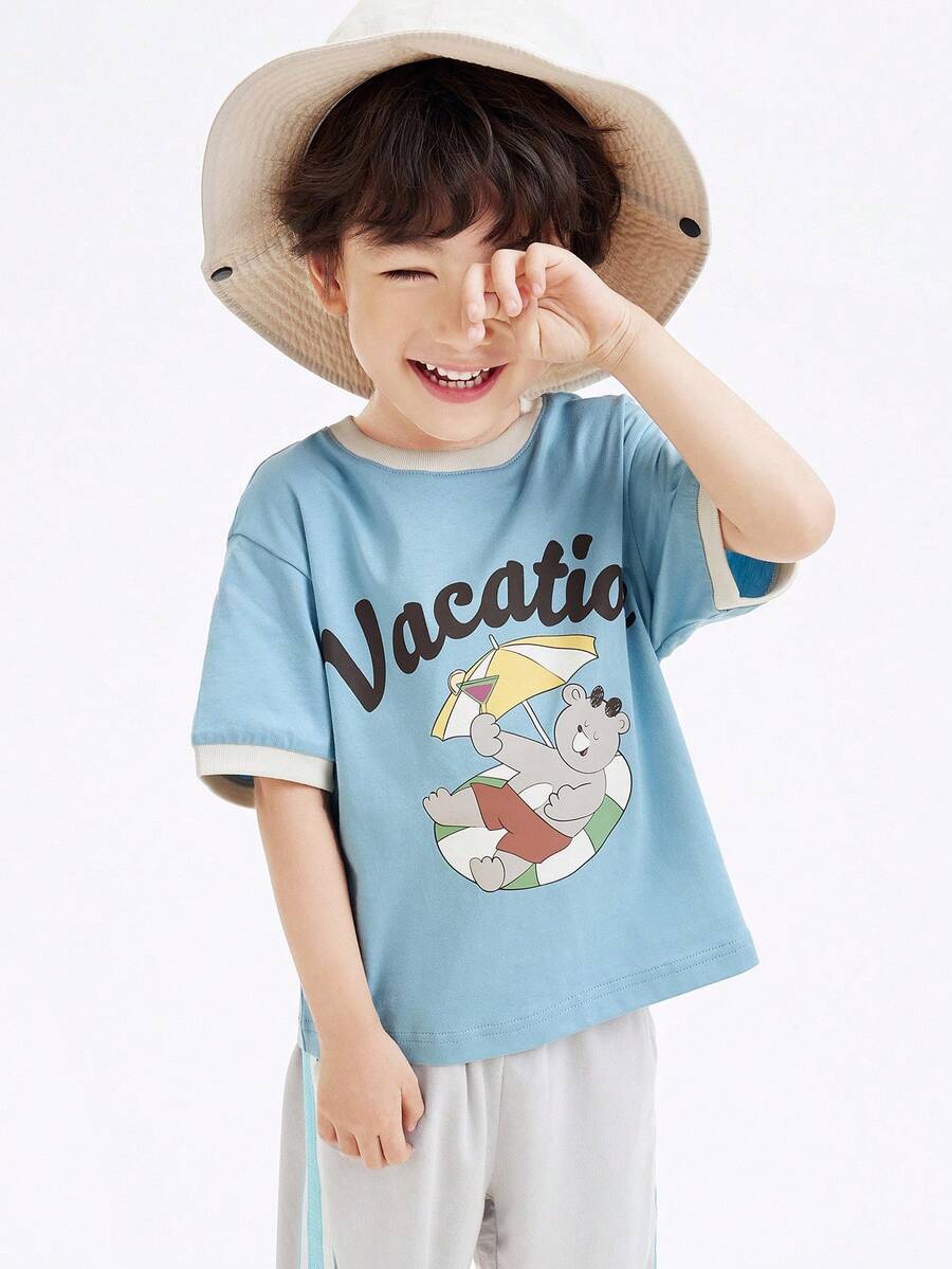 Balabala 年轻男孩 T 恤，短袖拼色上衣，2024 年新款，印花，卡通潮流 - 藍色 - 查看 1