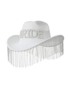 Party 1pc Jean Cowboy Hat For Women With Elegant Rhinestone & Tassel Decor Wide Brim Jazz Hat For Music Festival, Stage Performance, Wedding And Bridesmaid Gift Cowboy Hat Cowgirl Hat - Multicolor - View 15