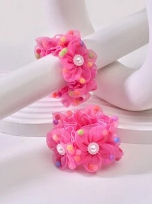 2pcs Girls' Cute Bun Wrap With Fabric, Tulle And Flower Decor, Suitable For Daily Life Or Vacation