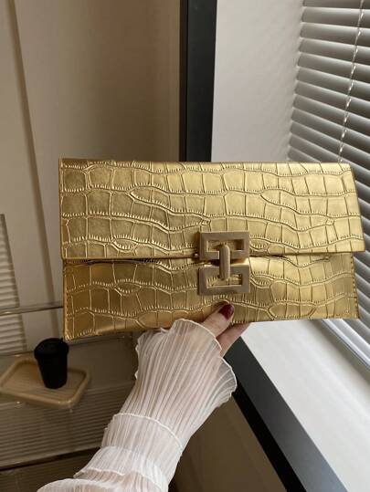 Fashion Crocodile Patterned Pu Material Clutch Bag With Metallic Locking Clasp, Shiny Elegant Party Bag Suitable For Women's Daily, Work, Parties, Dates And Gifts Tready Bride Bag, Perfect For Party, Wedding, Prom, Dinner/Banquet, Matching With Wedding Dress, Formal Dresses, Prom Dress, Birthday Dress, Party Dress, Excellently Matching With Party Dresses For Women, Fashionable Clutch Bags For Woman