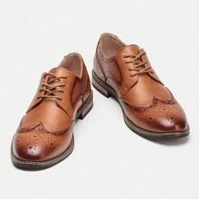Men's Brogue Business Dress Shoes - Embossed Retro Style Upper, Wooden Heel, Rubber Sole, White Stitching - Brown - View 7