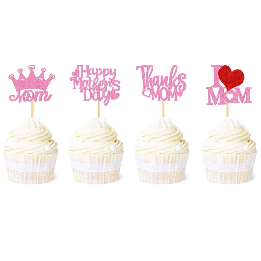 母親節快樂蛋糕插旗,帶皇冠和媽媽字母裝飾,感激的紙杯蛋糕插旗為母親節主題派對增添裝飾 - 粉色 - 查看 1