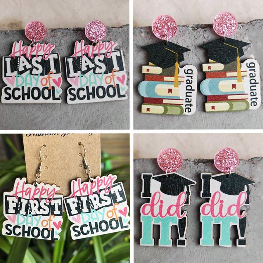 2pcs Creative And Personalized Graduation Themed Book, Graduation Cap, And Letter Pendant Stud Earrings For Girls As Graduation Gift - Multicolor - View 1