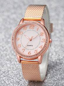 Reloj de cuarzo con esfera digital con diamantes de imitación y correa de plástico con malla, junto con pulsera de flor de rosa (set de 2 piezas) como regalo para estudiantes que regresan a la escuela en San Valentín