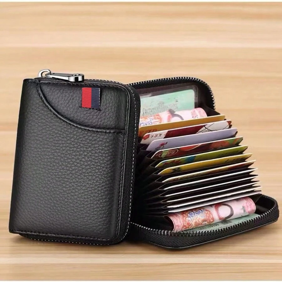 RFID Blocking Credit Card Wallet, Small Compact 12/18 Card Capacity Accordion Style Card Holder, Fashion Zippered Card Pouch With ID Window, Gift, Durable Leather Card Case For Men & Women, Black/Pink/Wine Red