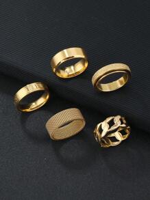 5pcs/Set Stylish Stainless Steel Roman Letter Mesh Frosted Swivel Ring Twisted Decorative Gold Men's Ring Set Suitable For Everyday Matching Use Festive Jewellery - Gold - View 10