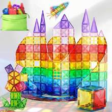 儿童磁性积木玩具，3D 磁性积木套装，建筑施工教育 STEM 玩具，适合 3 岁以上男孩和女孩 - 彩色 - 查看 11