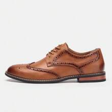 Men's Brogue Business Dress Shoes - Embossed Retro Style Upper, Wooden Heel, Rubber Sole, White Stitching - Brown - View 9