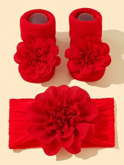 Baby Girls' Soft Nylon Princess Flower Decor Headband 1pc + Anti-Slip Floor Socks 1 Pair Love Valentine