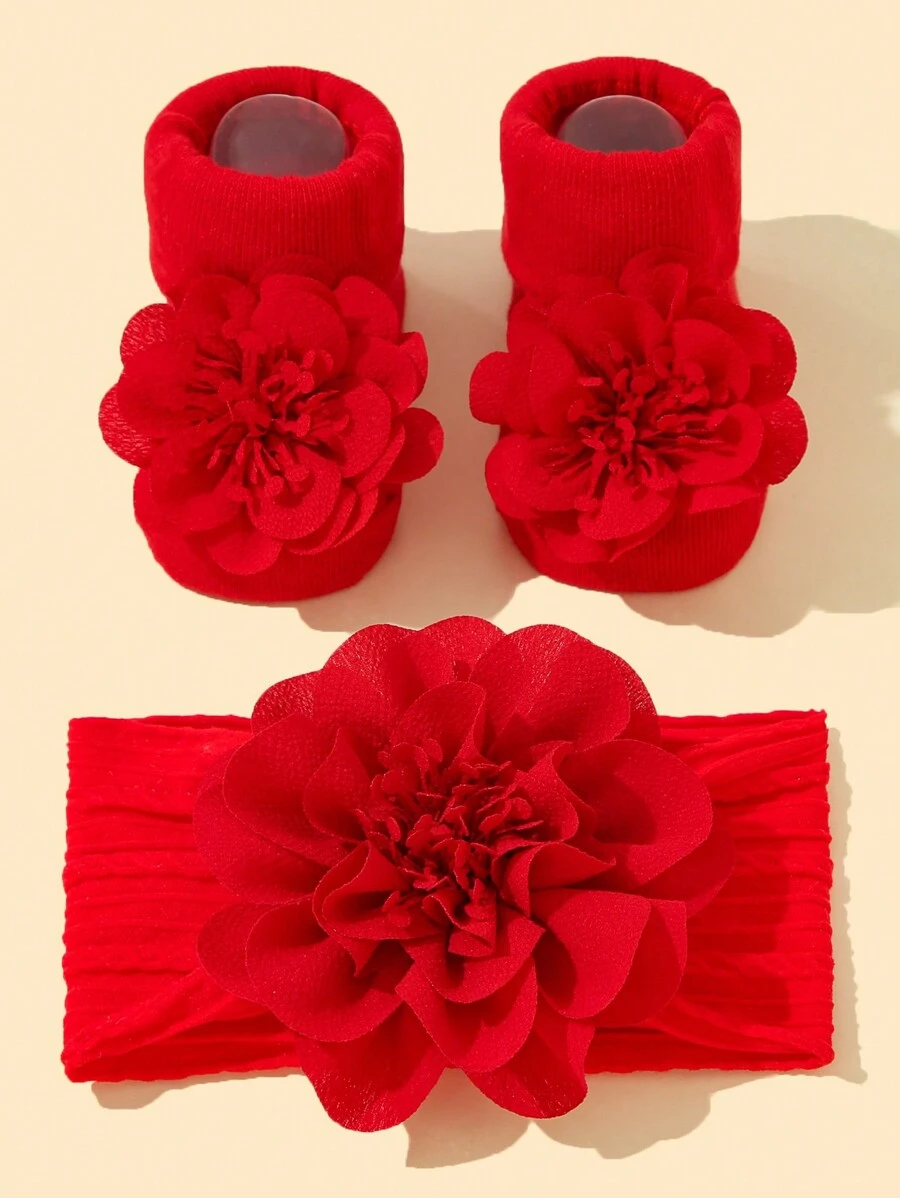 Băng đô trang trí hoa công chúa bằng nylon mềm mại cho bé gái 1 chiếc + 1 đôi tất chống trượt đi trên sàn Love Valentine - Đỏ - Xem 1