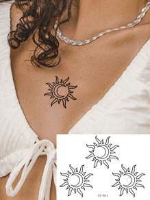 1張暗黑風太陽、月亮、風圖案pvc臨時紋身貼紙,防水、防汗、不反光,適用於頸部日常使用,男女通用 - 黑色 - 查看 2