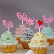 母親節快樂蛋糕插旗,帶皇冠和媽媽字母裝飾,感激的紙杯蛋糕插旗為母親節主題派對增添裝飾 - 粉色 - 查看 4