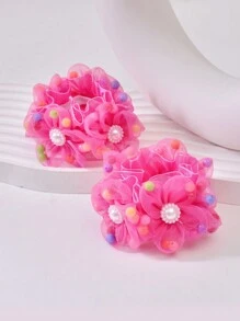 2pcs Girls' Cute Bun Wrap With Fabric, Tulle And Flower Decor, Suitable For Daily Life Or Vacation