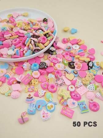 50pcs Randomly Shipped Cartoon Miniature Sweet Food Style Diy Jewelry Accessories For Daily Handcraft Use Summer, School