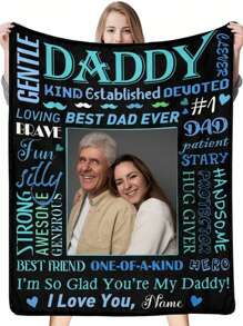 1pc Custom Photo And Text Blanket, Personalized Throw Blanket With Picture, 5 Sizes For You, Daddy I'm So Glad You Are My Daddy I Love You Black Blanket, Dad Birthday Gifts From Daughter Son, Ideal For Birthdays, Father's Day For Papa For Father For Daddy, Holiday Gift, New Year Gift, Thanksgiving Gift