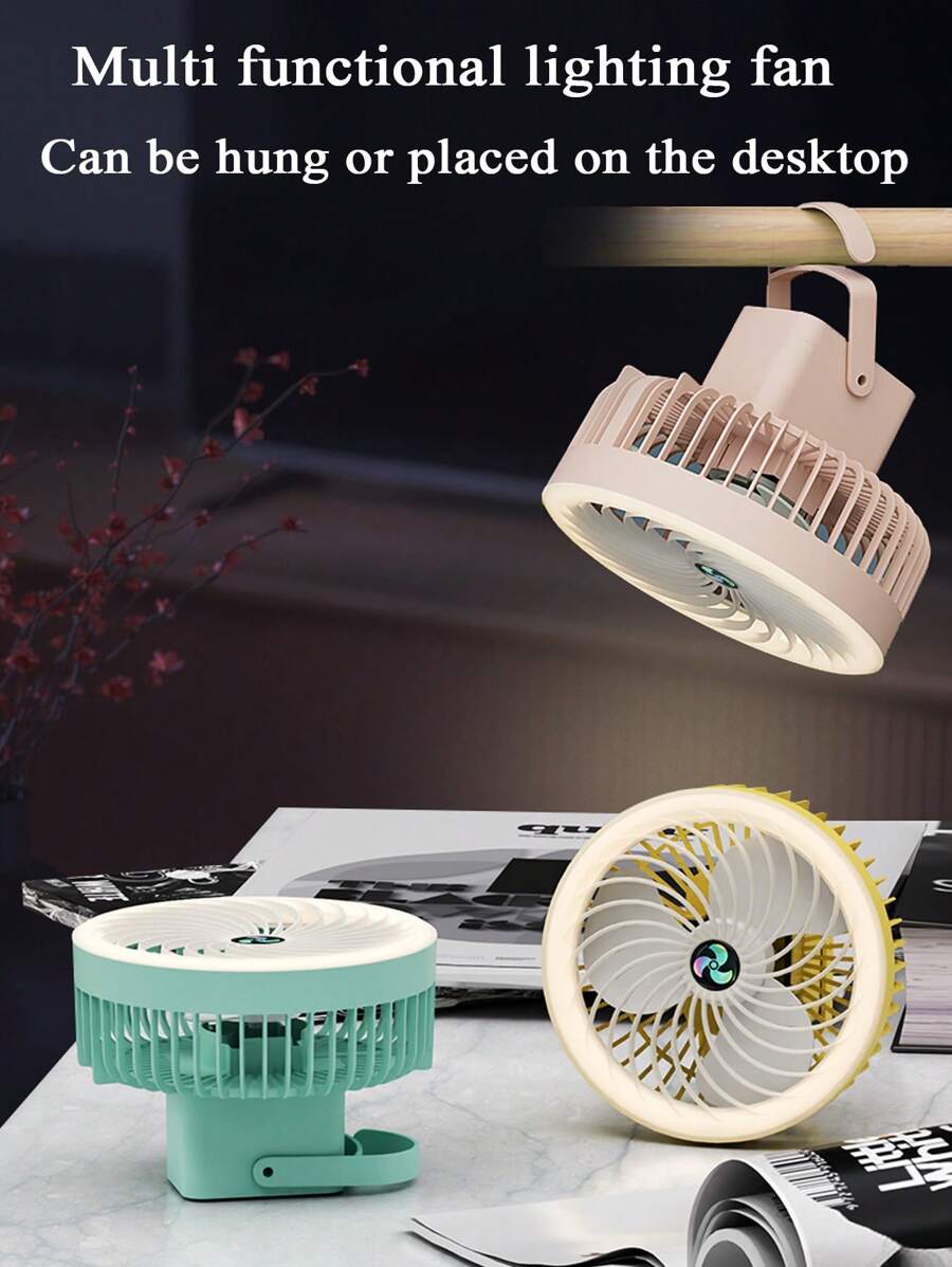 1個可攜式1200mah可充電多功能風扇和燈,3檔調速,可掛式和壁掛式設計,適用於家庭和露營,可提供3種顏色選擇