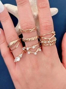 11pcs Gold Luxury Rhinestone Women's Alloy Ring Set Elegant Retro Jewelry Love Butterfly