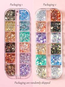 1 Box 12 Grids Colorful Glitter Sequins Nail Art Decoration,Y2K Pink Sparkly Mermaid Mixed Iridescent Hexagon Flakes Holographic Powder Sea Romantic 3D Decorations DIY Nail Charms Nail Gems Nail Supplies