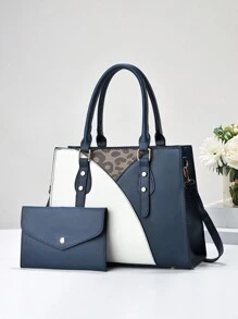 2 件女士蓝色 PU 皮革手提包套装，包括一个大号手提包和单肩包/斜挎包，适合所有季节，休闲时尚的设计，配色鲜明，非常适合日常使用或作为母亲节、生日、约会、商务会议和其他场合的礼物 - 藍色 - 查看 3