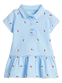 Young Girl Summer Short Sleeve Polo Collar Ice Cream Printed Ruffled Trim Dress