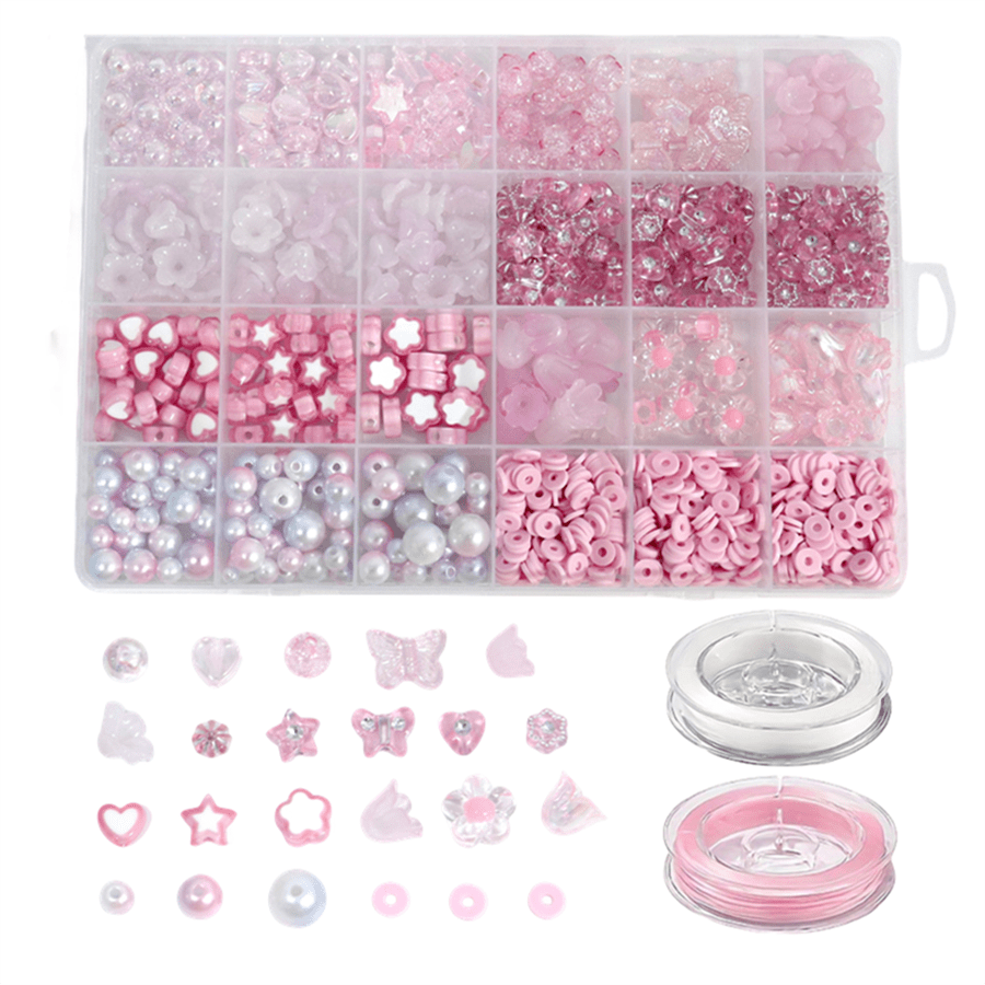 Une Boîte De 24 Grilles Mesurant 0,8 À 1,2 Cm, Contenant Des Perles Acryliques Roses, Des Perles D'amour, De L'argile Douce Bohème Et Deux Fils Élastiques, Qui Peuvent Être Utilisées Pour Fabriquer Des Bracelets, Des Colliers, Des Bagues Et Des Boucles D'oreilles.