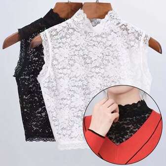 Women's Lace Half Shirt Faux Collar - Stretchy Knitted Decorative Collar With Floral Lace Trim - Elegant Detachable Collar Accessory For Layering Accessories Women Valentine's Day Valentines