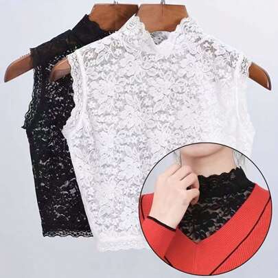 Women's Lace Half Collar - Elastic Knit Decorative Collar With Floral Lace Trim - Elegant Detachable Collar Accessory, Suitable For Layering, Women's Valentine's Day Gift