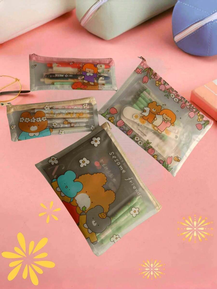 Túi lưới PVC mờ họa tiết cô gái hoạt hình dễ thương - Hồng - Xem 1