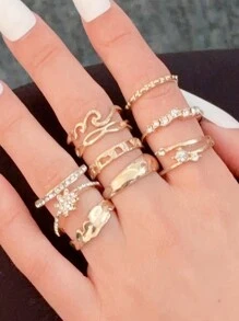 11pcs Gold Luxury Rhinestone Women's Alloy Ring Set Elegant Retro Jewelry Love Butterfly