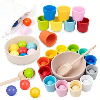 Montessori Wooden Toys Rainbow Ball And Cup Color Sorting Game For Babies, Learning Color Classification And Counting, Fine Motor Skills Early Education Toys, Children Gift (Random Style) (Random Color)