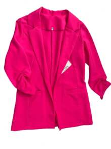 Saco Blazer Ligero para Mujer Abierto con Dos Bolsas.  Mangas Fruncido.  Coquette. Moda. - Rosa Fucsia - Ver 2