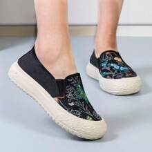 女款春/夏/秋季軟底透氣平底針織帆布鞋,學生休閒佩帶舒適便宜的單層彩色低跟鞋 - 黑色 - 查看 2