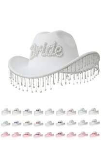 Party 1pc Jean Cowboy Hat For Women With Elegant Rhinestone & Tassel Decor Wide Brim Jazz Hat For Music Festival, Stage Performance, Wedding And Bridesmaid Gift Cowboy Hat Cowgirl Hat - Multicolor - View 9