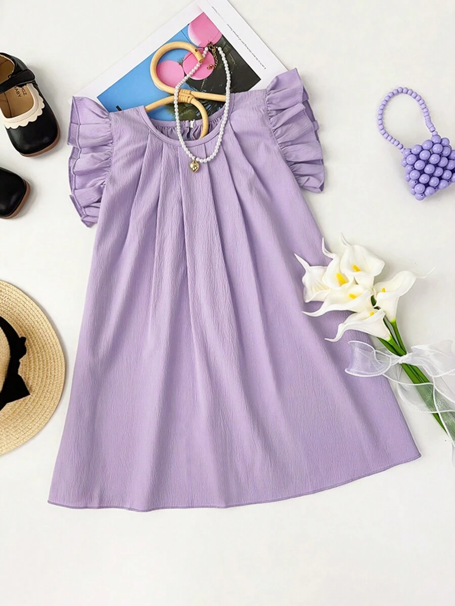 Young Girl Solid Color Ruffle Armhole Pleated Dress Summer Version - Purple - View 1